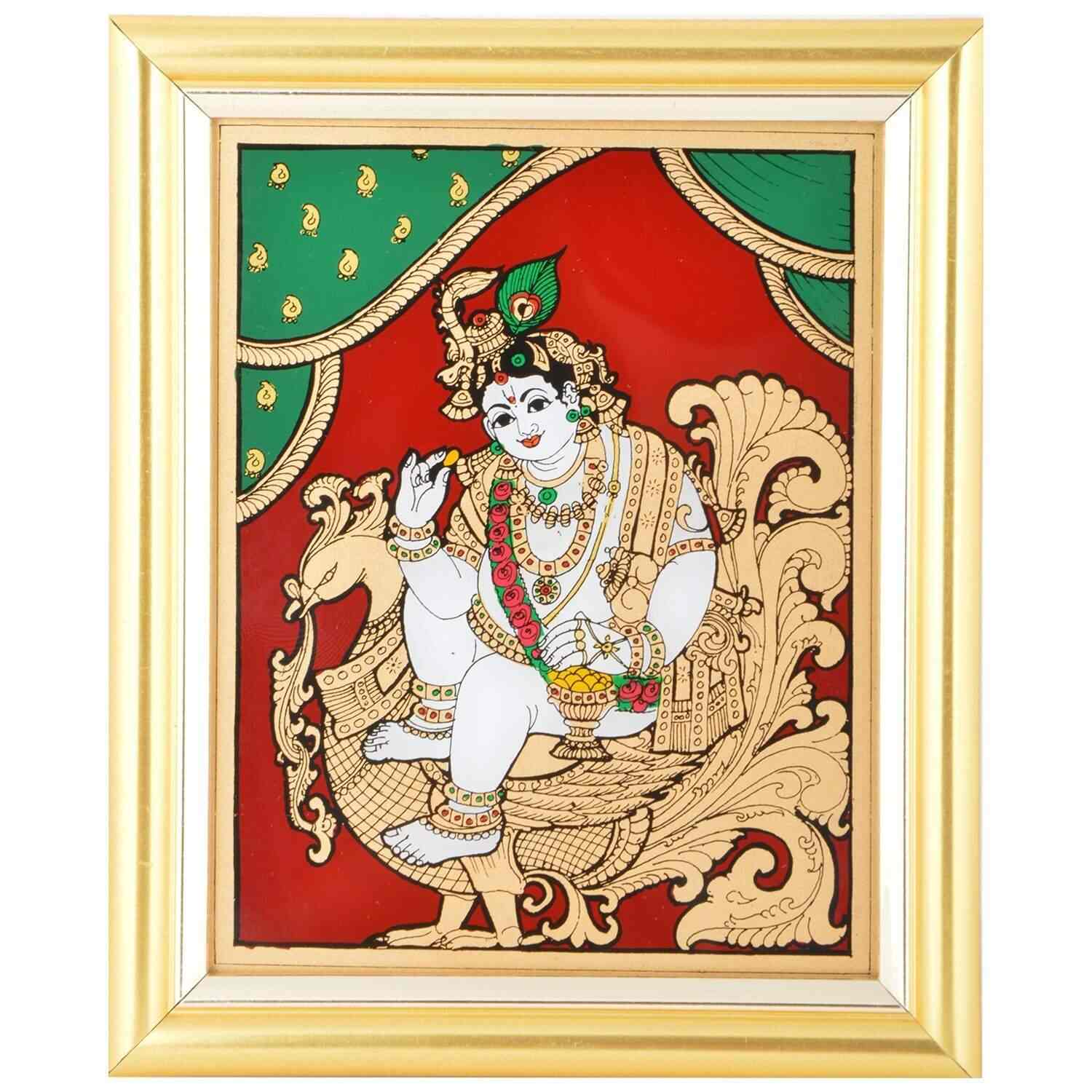 Buy Raji Handicrafts Tanjore Glass Painting Wooden Peacockkrishnan