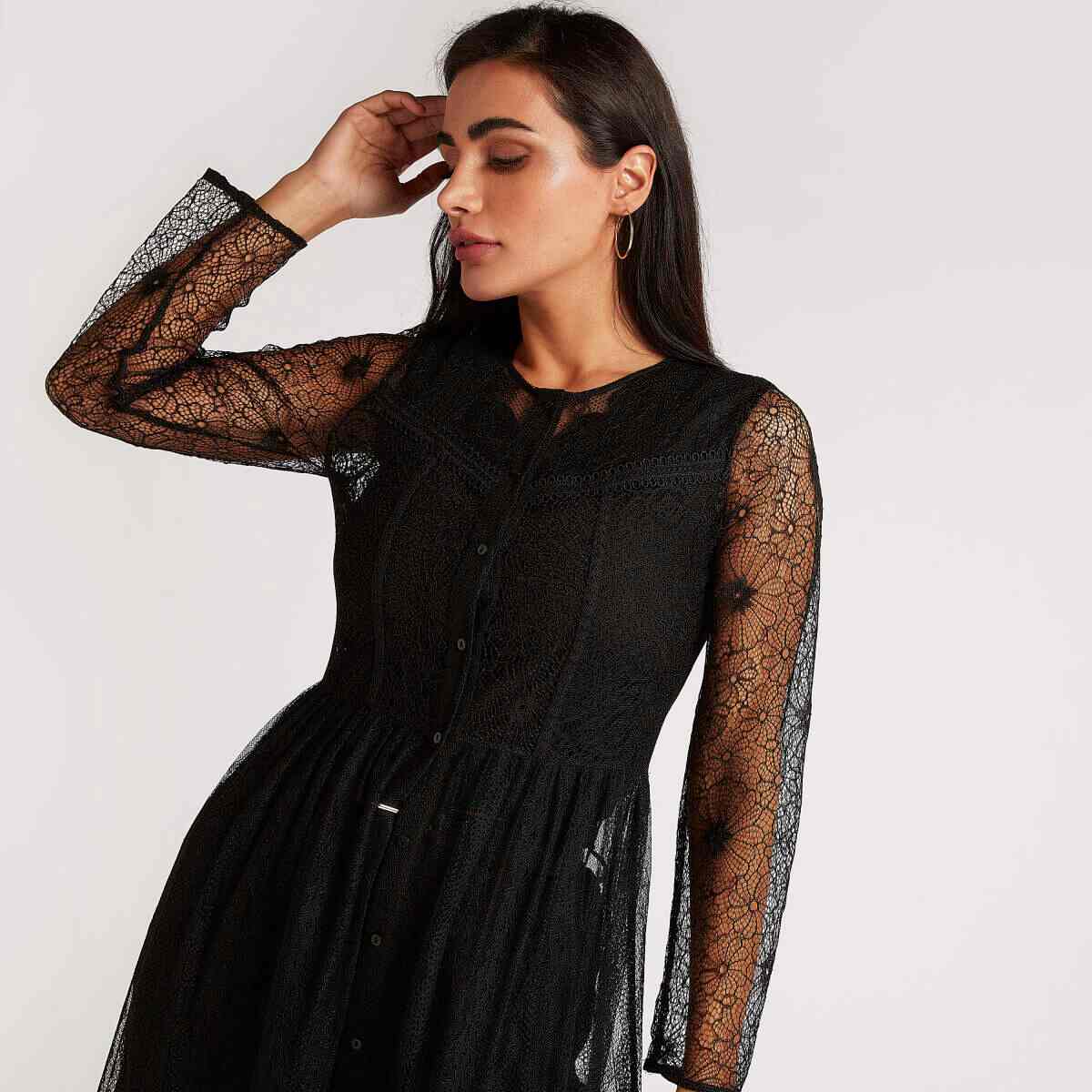 Splash Lace Detailed Longline Panelled Kimono With Long Sleeves (Black)