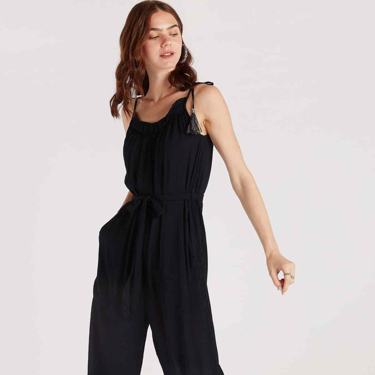 Splash Sustainable Beachwear Solid Jumpsuit With Tie-Ups And Pockets (Black)