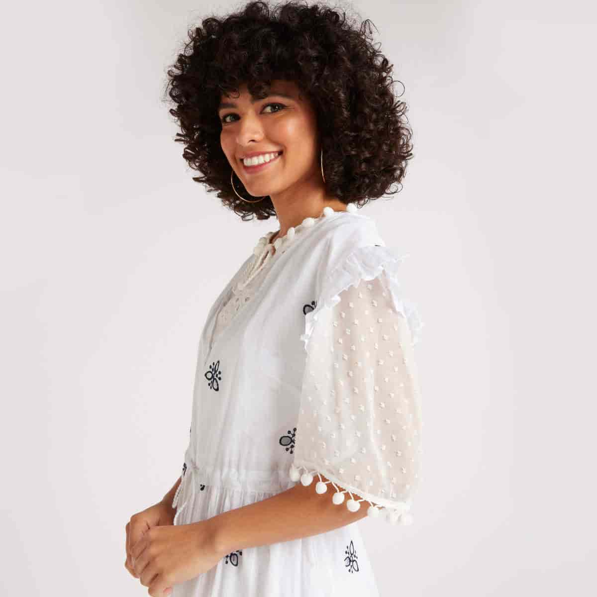 Splash Sustainable Embroidered Longline Kimono With Tie Ups And Ruffle Detail (White)