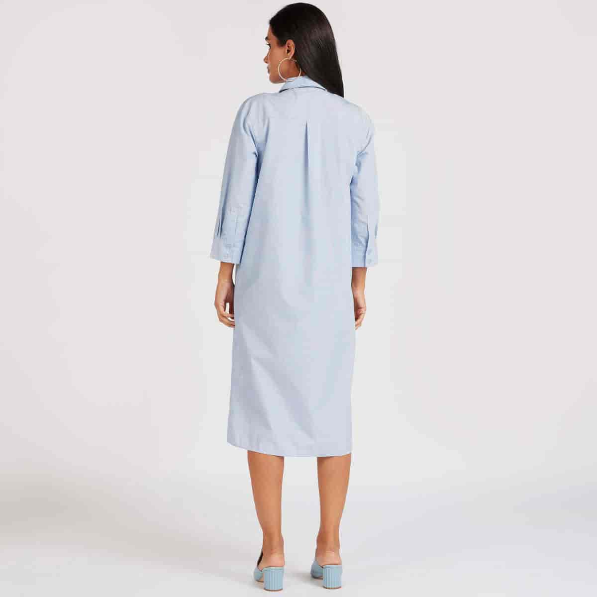 Splash Sustainable Pleated Midi Shirt Dress With 3/4 Sleeves (Blue)