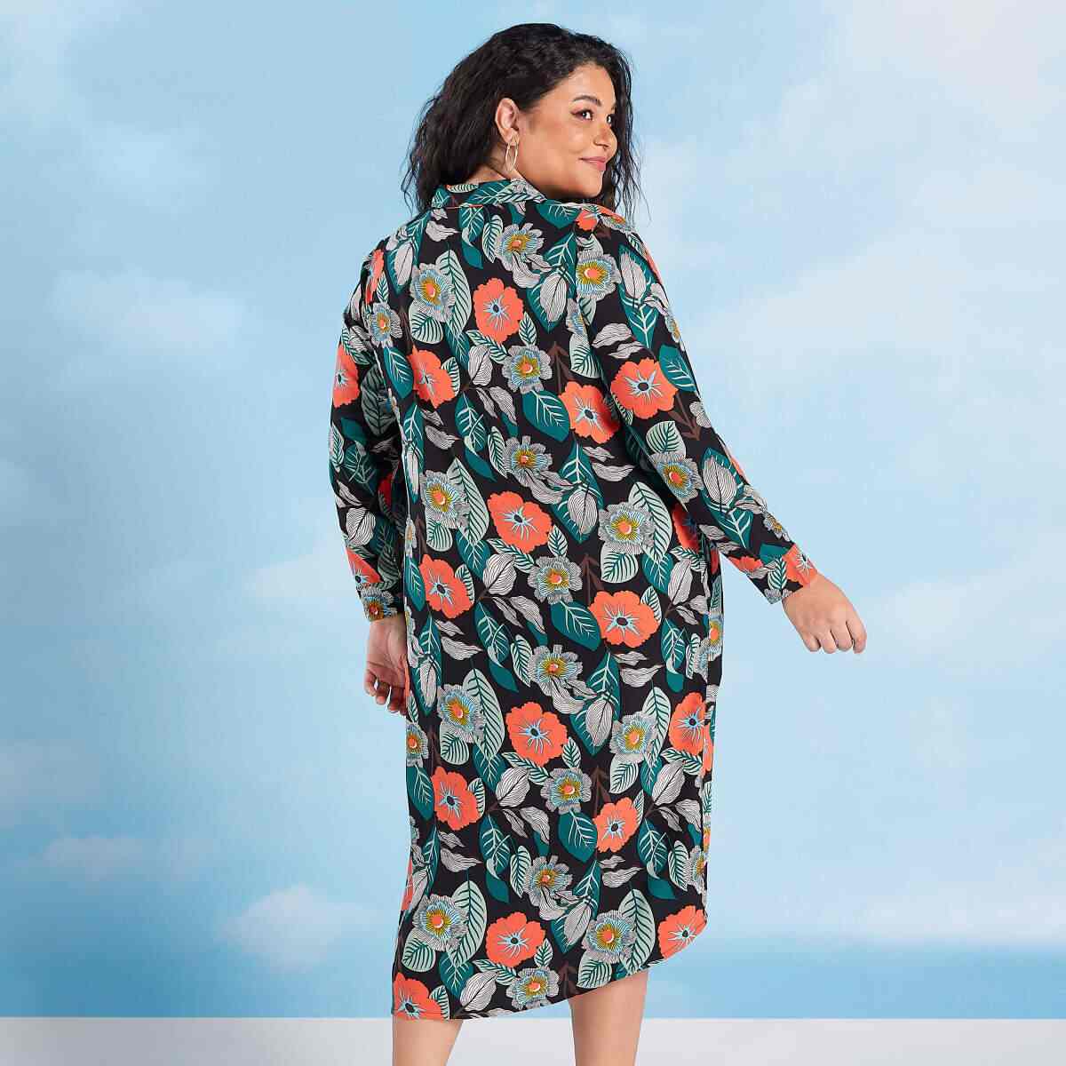 Splash Floral Midi Shirt Dress With Long Sleeves And Pocket Detail (Multicolor)
