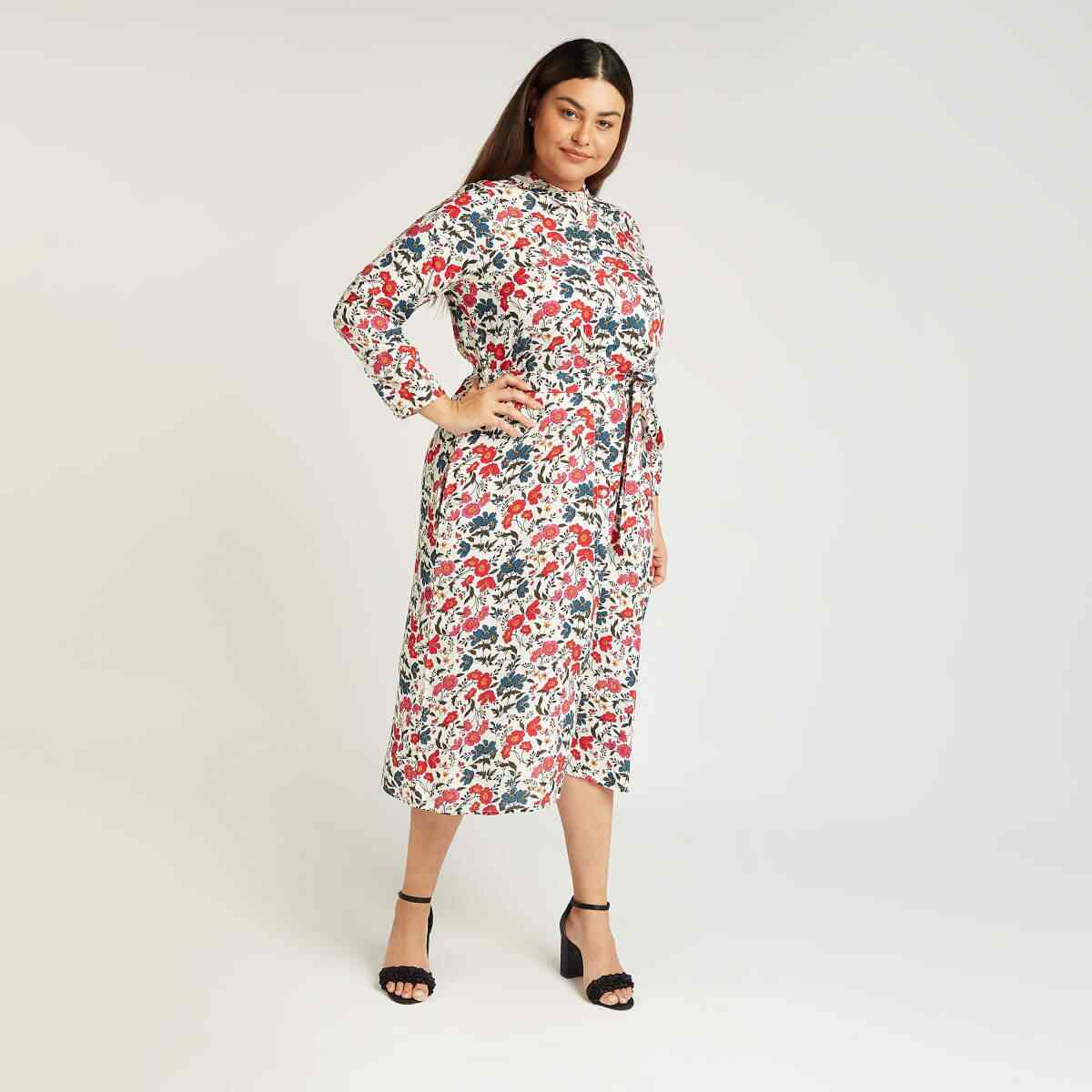 Splash Floral Print Midi Shirt Dress With Long Sleeves And Tie Ups (Multicolor)