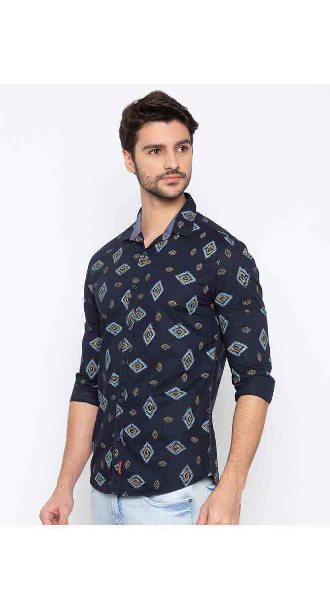 Spykar MSH01BJ165NAVY Printed Slim Fit Casual Shirt (Navy)