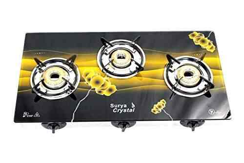 Surya Aanch Crystal Auto Ignition 3 Burner Toughened Glass Top Gas