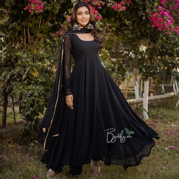 black 2000s prom dress Black Designer Rayon Cotton Anarkali Suit with Heavy Sequins main image 1