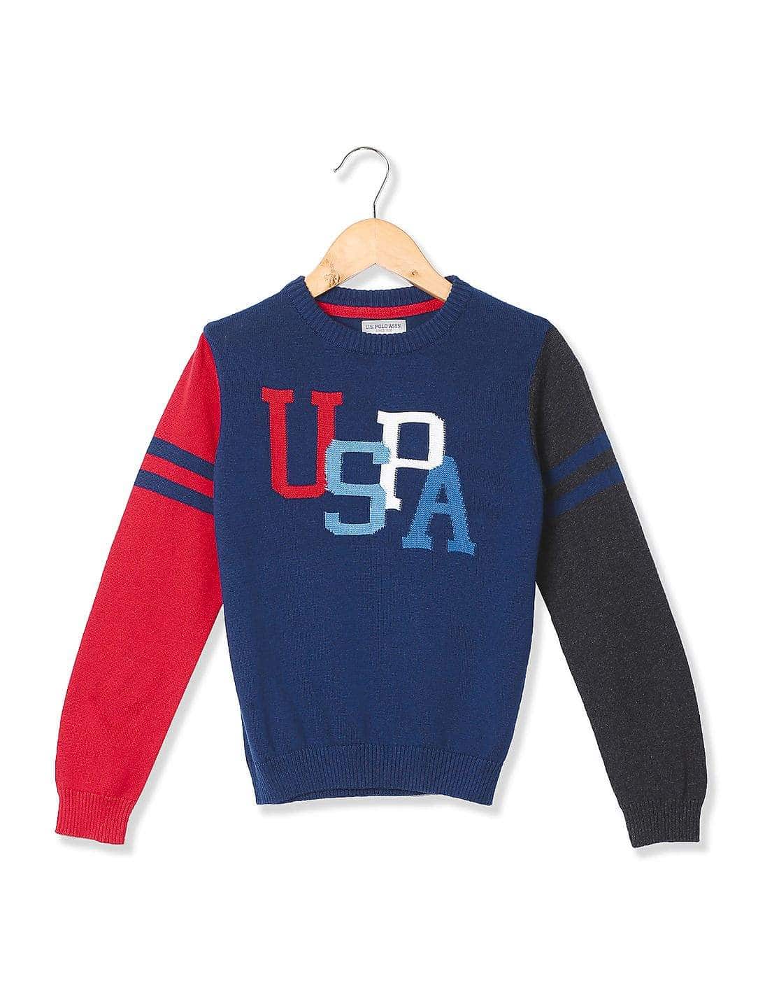 U.S. Polo Assn. Boys Regular Fit Patterned Knit Sweater Navy, Red, L