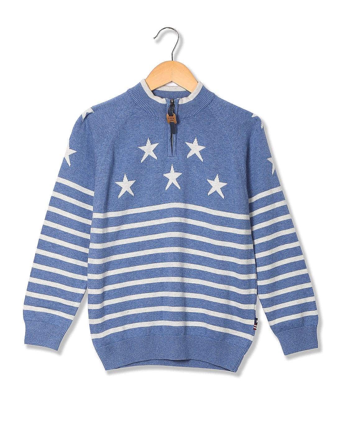 U.S. Polo Assn. Boys Zip Up Patterned Knit Sweater Medium Blue, 36T