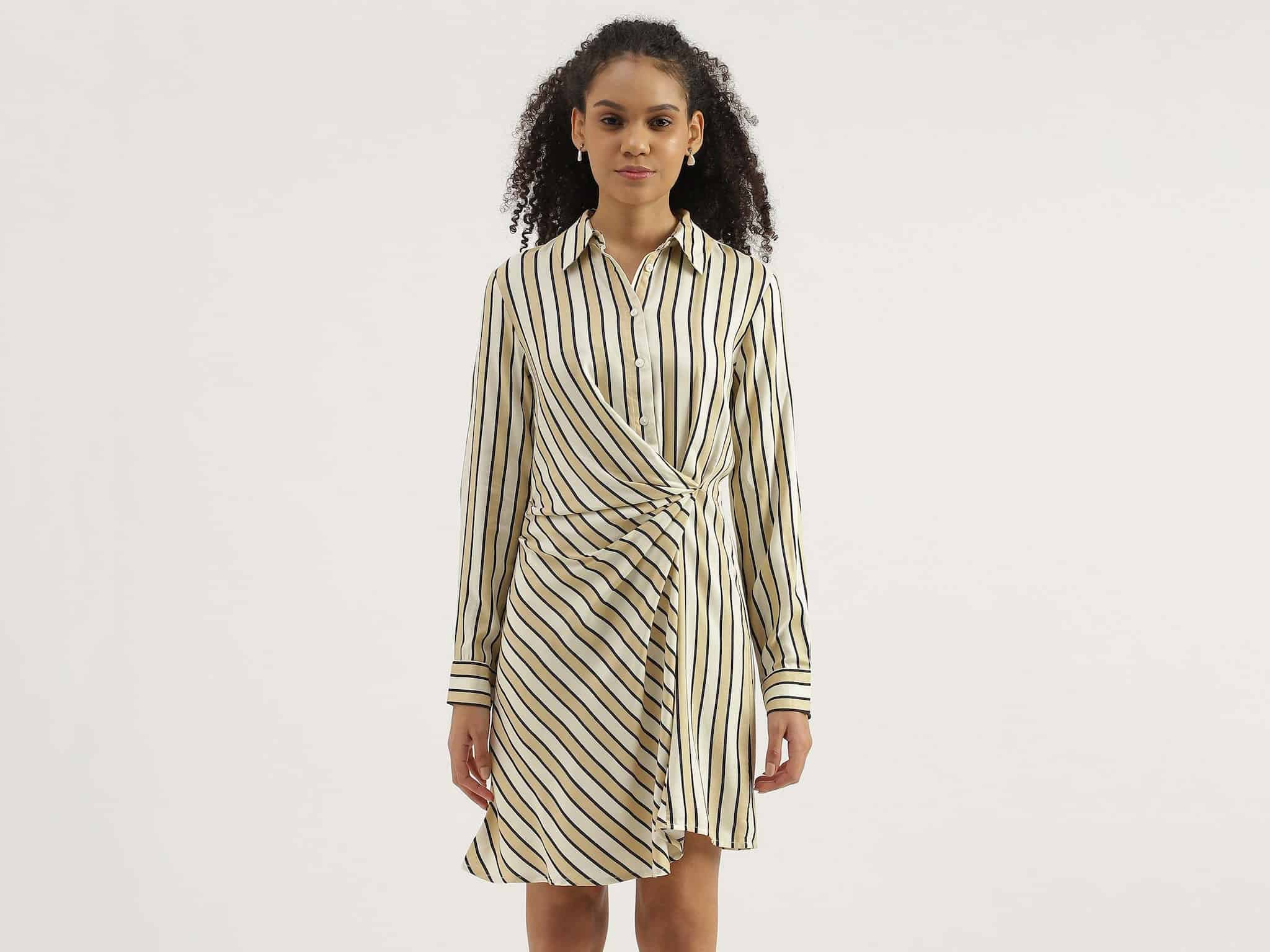United Colors of Benetton Striped Spread Collar Shirt Dress Medium (Multi-Color)