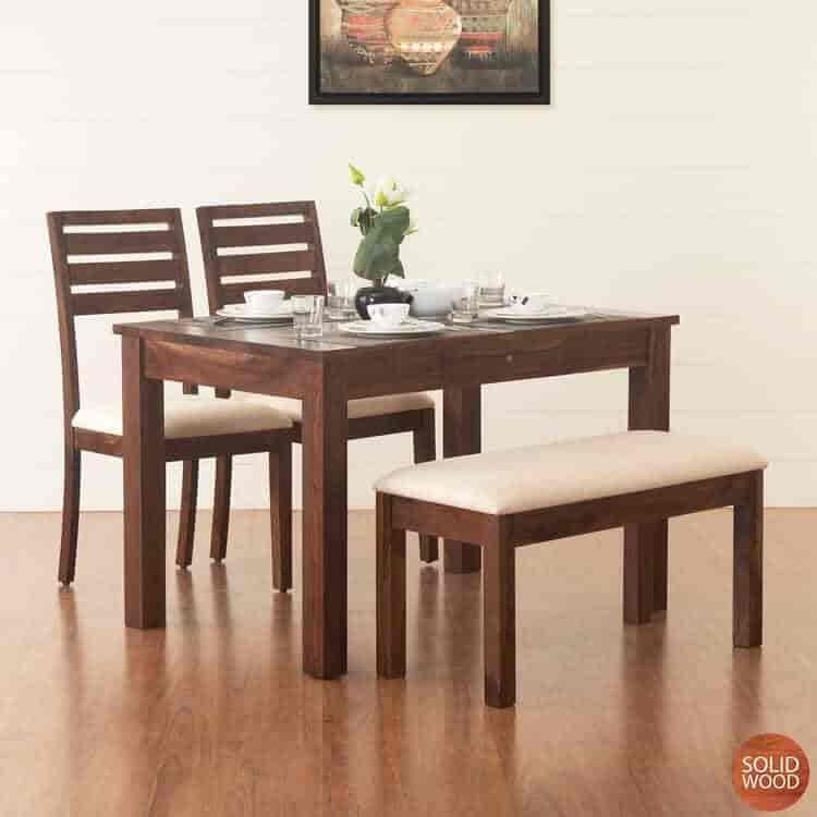 Home Centre Veda 4-Seater Sheesham Contemporary Solid Wood Dining Table Set with 2 Chairs and 1 Bench